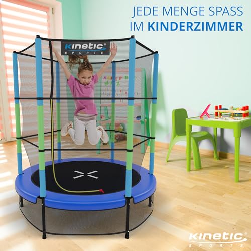 KINETIC SPORTS Kinder Trampolin Jumper 140 cm - Inklusive Gummiseil Federung, Sicherheitsnetz mit Reißverschluss, Rahmenpolster, Schutz Bodennetz - Indoor Kindertrampolin Spielzeug - 2