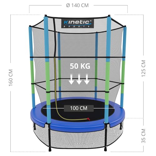 KINETIC SPORTS Kinder Trampolin Jumper 140 cm - Inklusive Gummiseil Federung, Sicherheitsnetz mit Reißverschluss, Rahmenpolster, Schutz Bodennetz - Indoor Kindertrampolin Spielzeug - 5