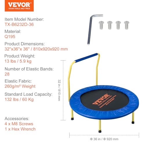 VEVOR Trampolin Gartentrampolin 810x920x920 mm, Klappabrer Trampolin Mini 60 kg Gewichtstragfähigkeit Fitness Trampolin, Kindertrampolin Kleinkind Trampolin Blau Indoor/Outdoor/Garten/Drinnen - 7