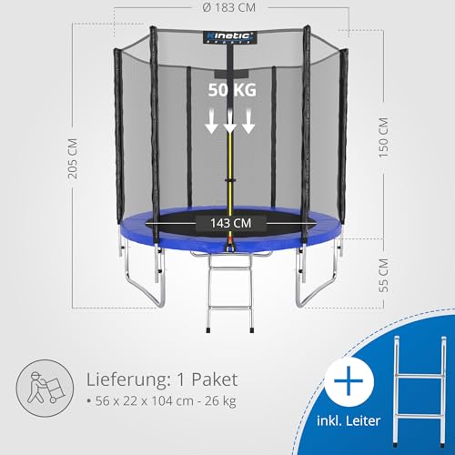 KINETIC SPORTS Trampolin Outdoor Salto Ø 183 cm - TÜV Rheinland geprüft, Kindertrampolin Gartentrampolin Set mit Leiter, Netz, Randpolster, USA Sprungtuch – bis 50 kg, Blau - 7