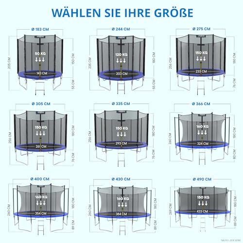 KINETIC SPORTS Trampolin Outdoor Salto Ø 183 cm - TÜV Rheinland geprüft, Kindertrampolin Gartentrampolin Set mit Leiter, Netz, Randpolster, USA Sprungtuch – bis 50 kg, Blau - 8