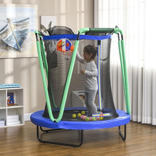 ZONEKIZ Kindertrampolin, Trampolin für Kinder mit Sicherheitsnetz, Ø140 cm Gartentrampolin mit Basketballkorb, Basketball, 20 Spielbällen, für 3-10 Jahre Kinder, Blau - 2