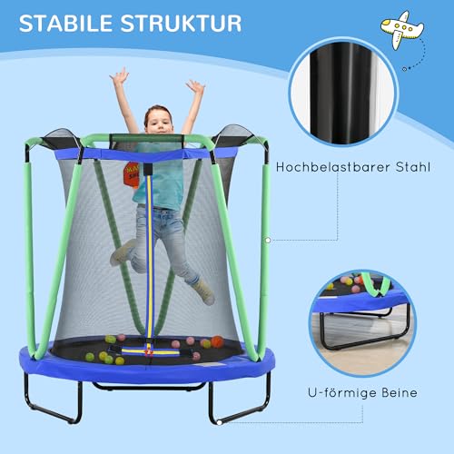 ZONEKIZ Kindertrampolin, Trampolin für Kinder mit Sicherheitsnetz, Ø140 cm Gartentrampolin mit Basketballkorb, Basketball, 20 Spielbällen, für 3-10 Jahre Kinder, Blau - 4