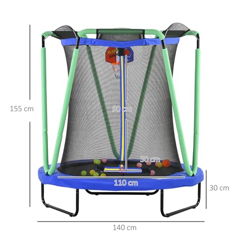 ZONEKIZ Kindertrampolin, Trampolin für Kinder mit Sicherheitsnetz, Ø140 cm Gartentrampolin mit Basketballkorb, Basketball, 20 Spielbällen, für 3-10 Jahre Kinder, Blau - 5