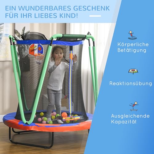 ZONEKIZ Kindertrampolin, Trampolin für Kinder mit Sicherheitsnetz, Ø140 cm Gartentrampolin mit Basketballkorb, Basketball, 20 Spielbällen, für 3-10 Jahre Kinder, Blau - 7