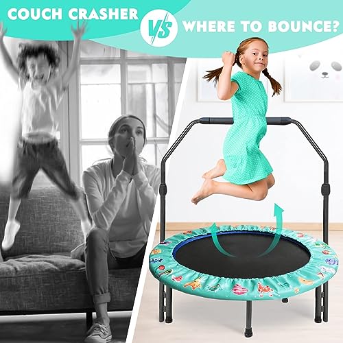 Trampolin Kinder Ø 92cm Mini Kindertrampolin mit Verstellbarer Griff & gepolsterter Sicherheitsabdeckung, Indoor & Outdoor Kleinkind-Trampolin für ab 3 Jahre, bis zu 60kg, Grün - 6